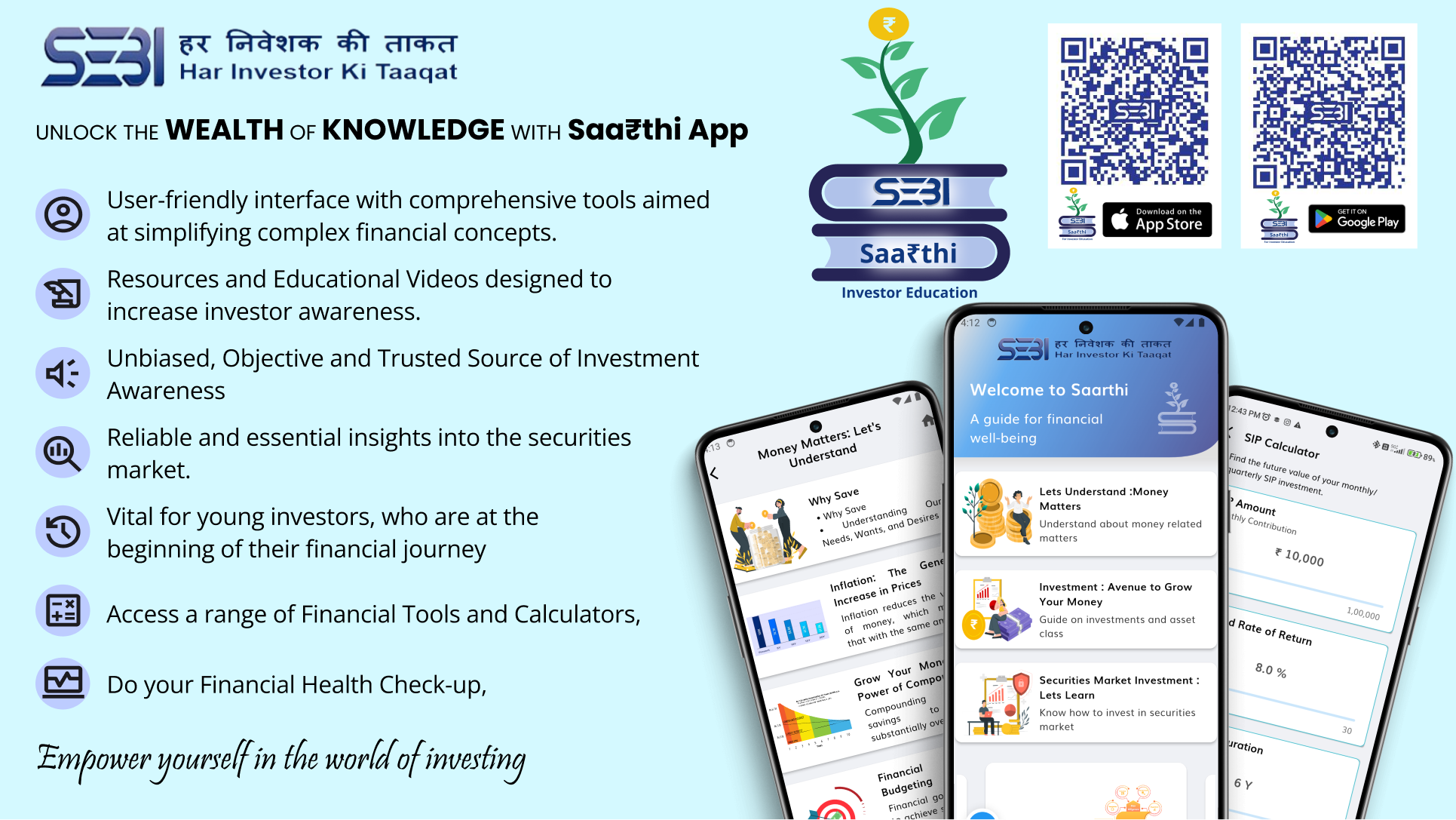 SEBI Saa₹thi App promotion with investor education features and QR codes for app download.